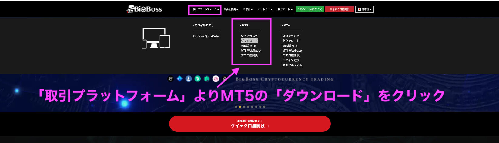 BigBossの公式サイトから「取引プラットフォーム」を選んでアクセス