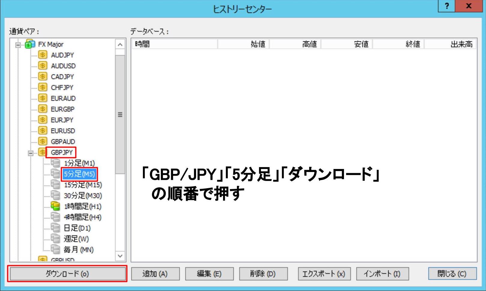 ヒストリカルデータをダウンロードしたい通貨ペアと時間足を選ぶ