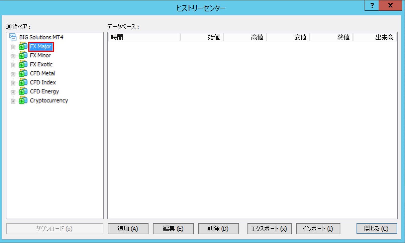 ヒストリカルデータをダウンロードしたい通貨ペアと時間足を選ぶ