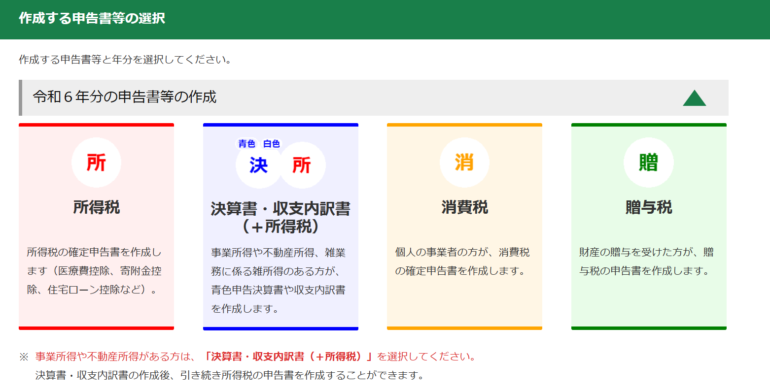 作成する申告書を選択