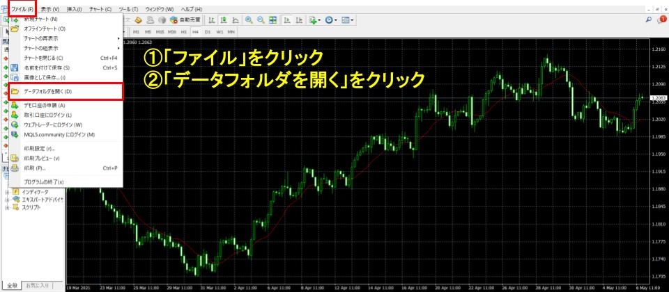 MT4,MT5でサイコロジカルラインを使う方法①ファイルをクリックしデータフォルダを開くをクリック