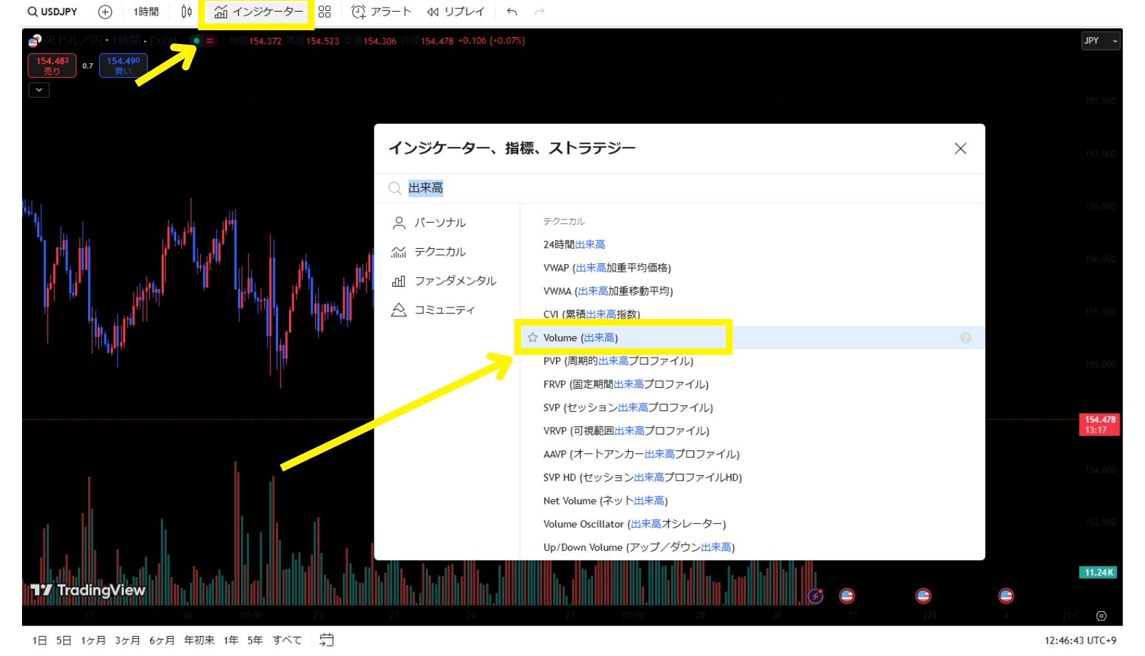 TradingViewの「インジケーター」から「出来高」を検索