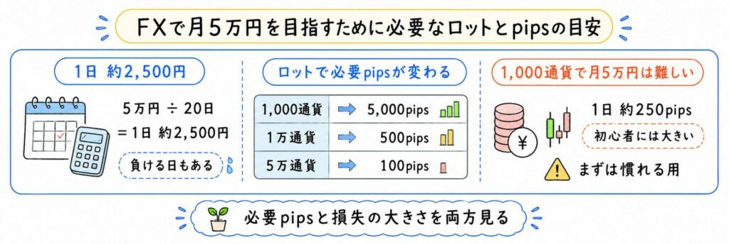 FXで月5万円を目指すために必要なロットとpipsの目安