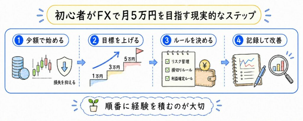 初心者がFXで月5万円を目指す現実的なステップ