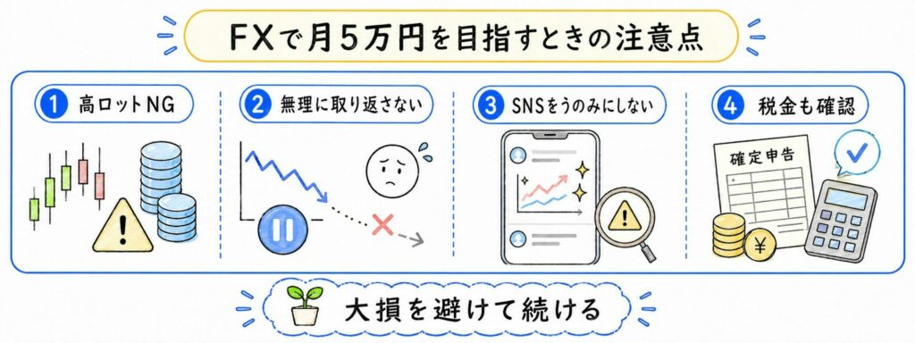 FXで月5万円を目指すときの注意点