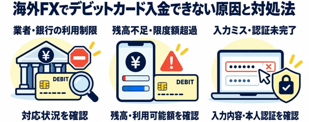海外FXでデビットカード入金できない原因と対処法