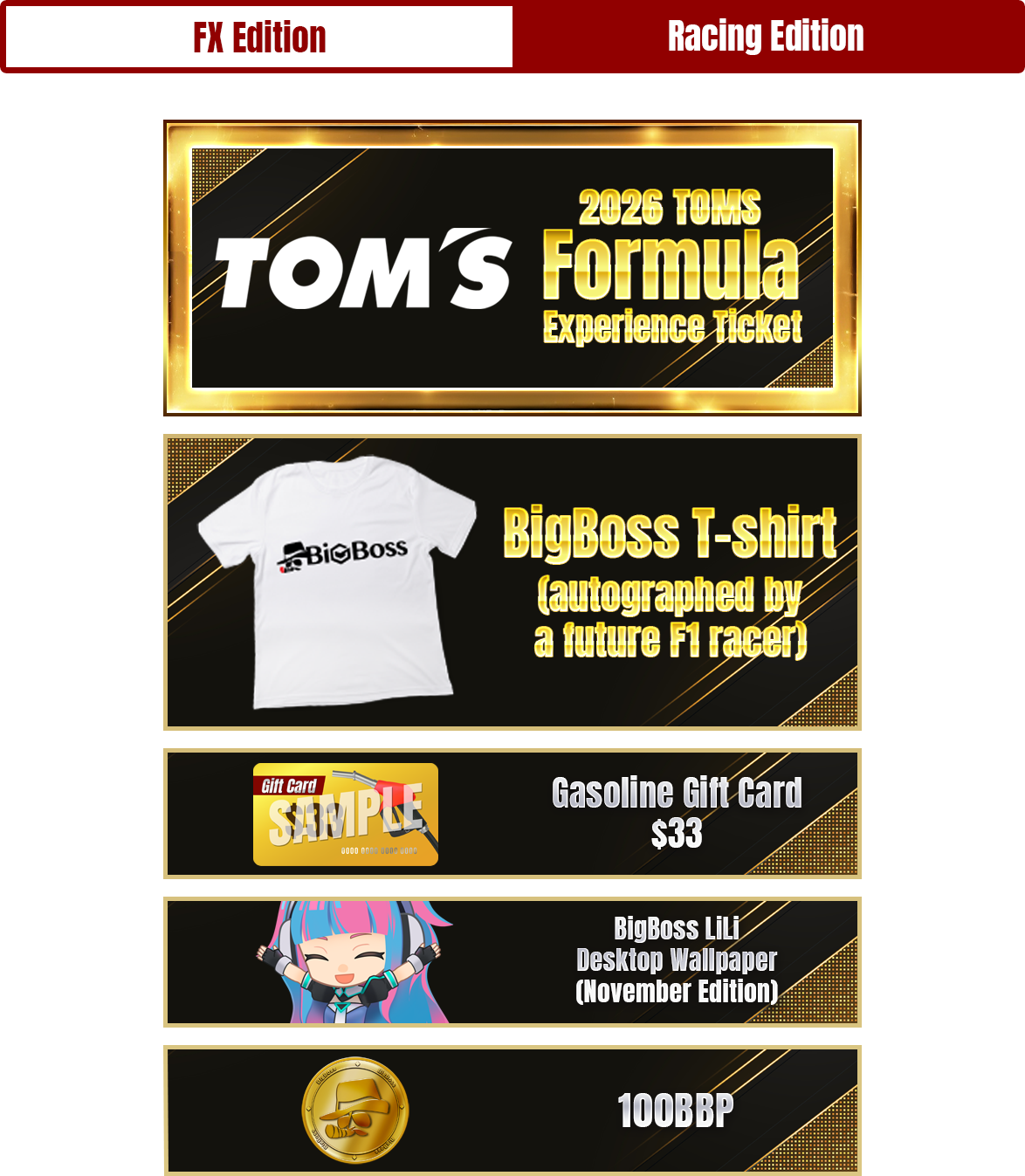 Racing Edition Prize Lineup