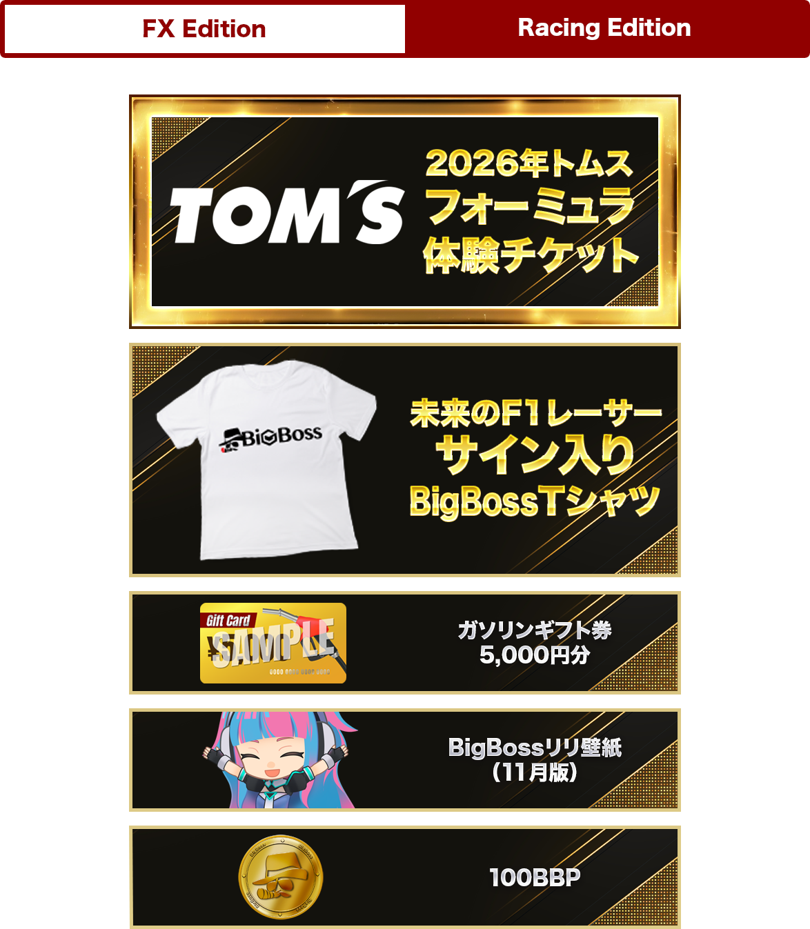 レーシングエディション賞品ラインナップ
